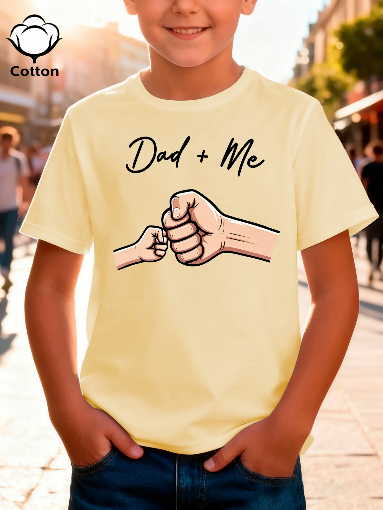 Kids  Cotton Tee Dad And Me Big Small Fist Bump Cartoon Print Crew Neck Short Sleeve Father Kid Matching Casual Tops