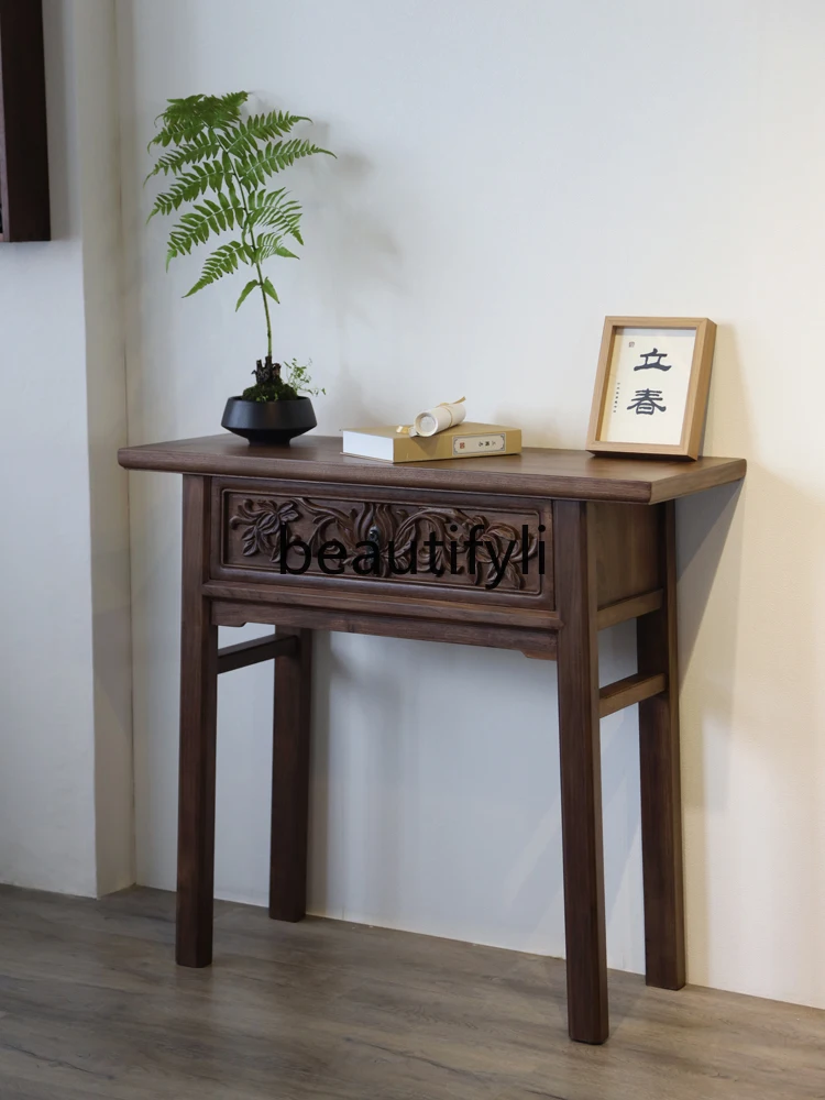 

Solid wood flat head case Chinese Zen porch case black walnut strip table offering table