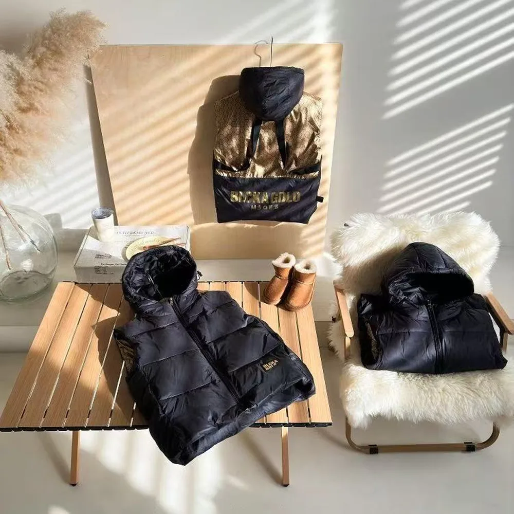 Winter Boys and Girls Black Gold Vest Fashion 2026 New Children's Hooded White Duck Down Down Jacket 120-170cm