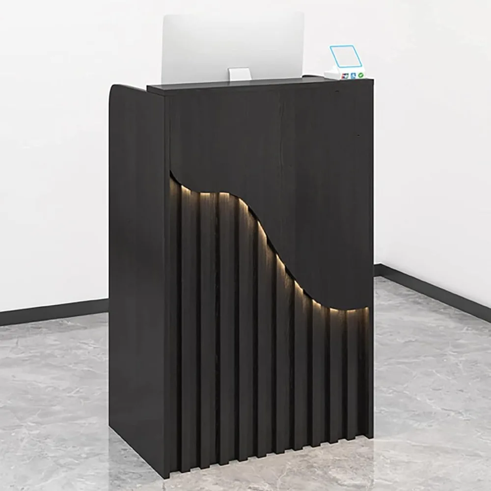 

Small Reception Desk,Creative Grille Wood L-Shap Cashier Cabinet,Front Desk Reception Counter with LED Lights,Modern Retail Coun