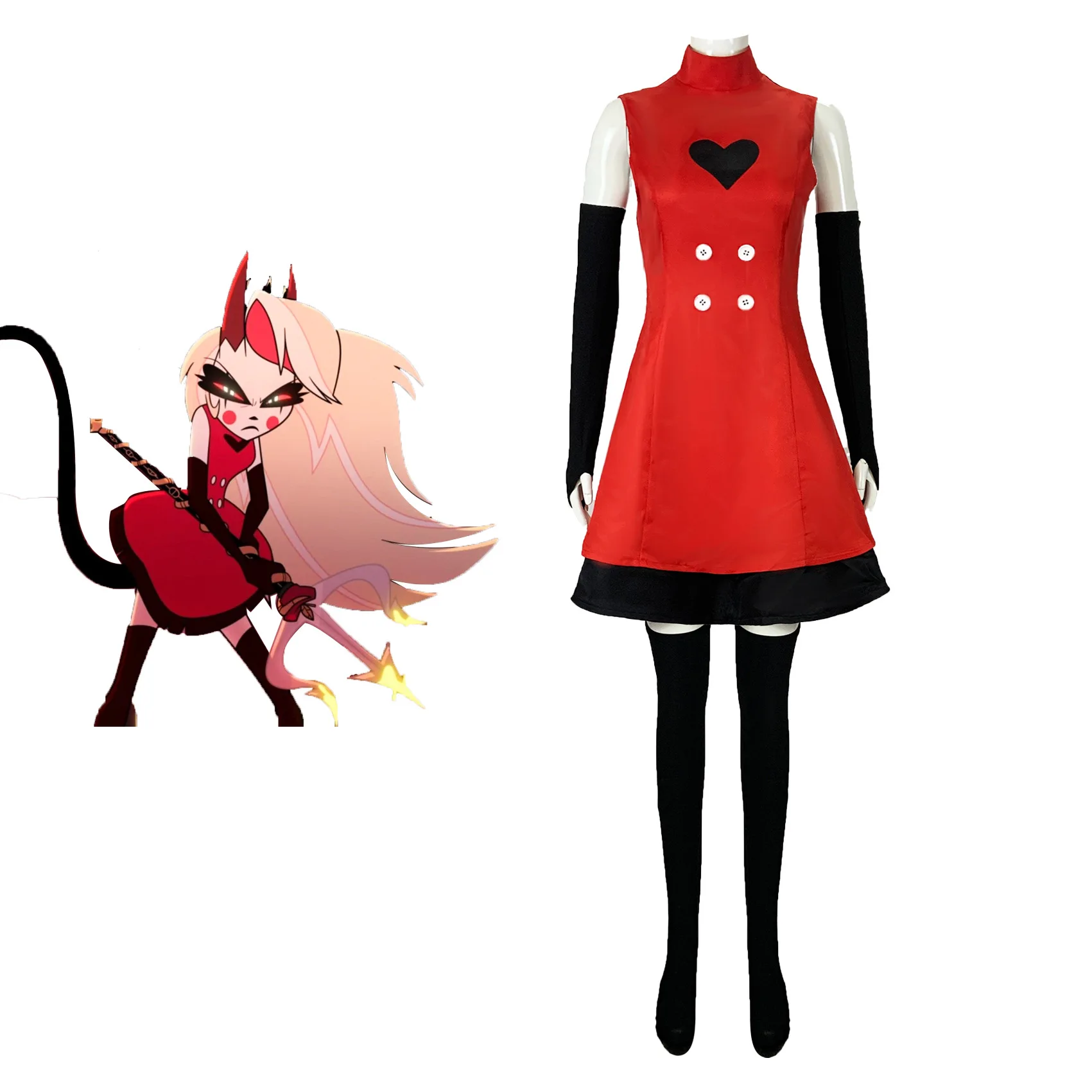 Anime Hazzbin Cosplay for Game Fans Hotel Charlie Cosplay Halloween Costume Adult Red Love Dress Horn Tail Sexy Sleeveless Skirt