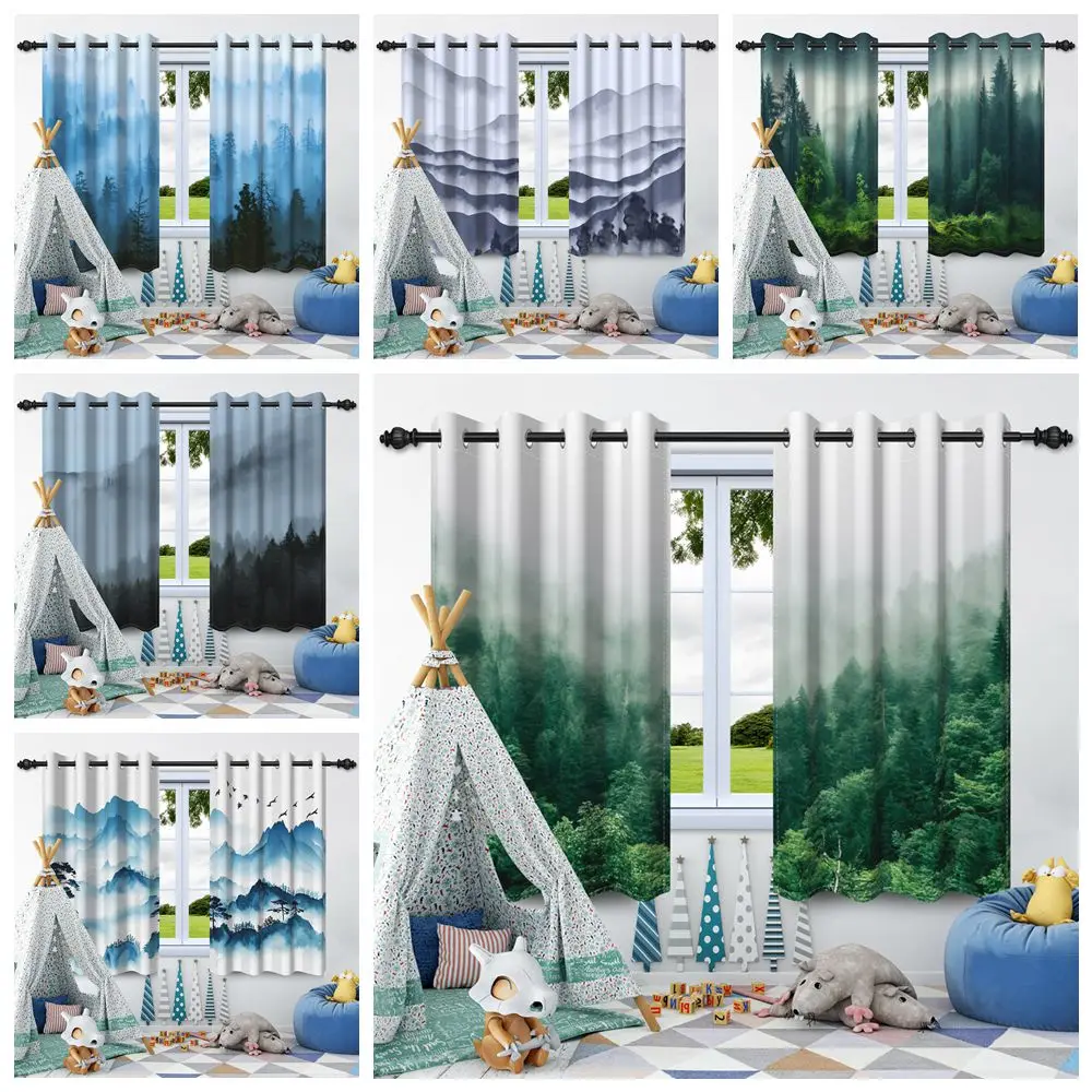 

2Pcs Foggy Forest Blackout Curtains Misty Mountain Trees Nature Scenery Window Drapes Bedroom Living Room Kitchen Cafe Decor