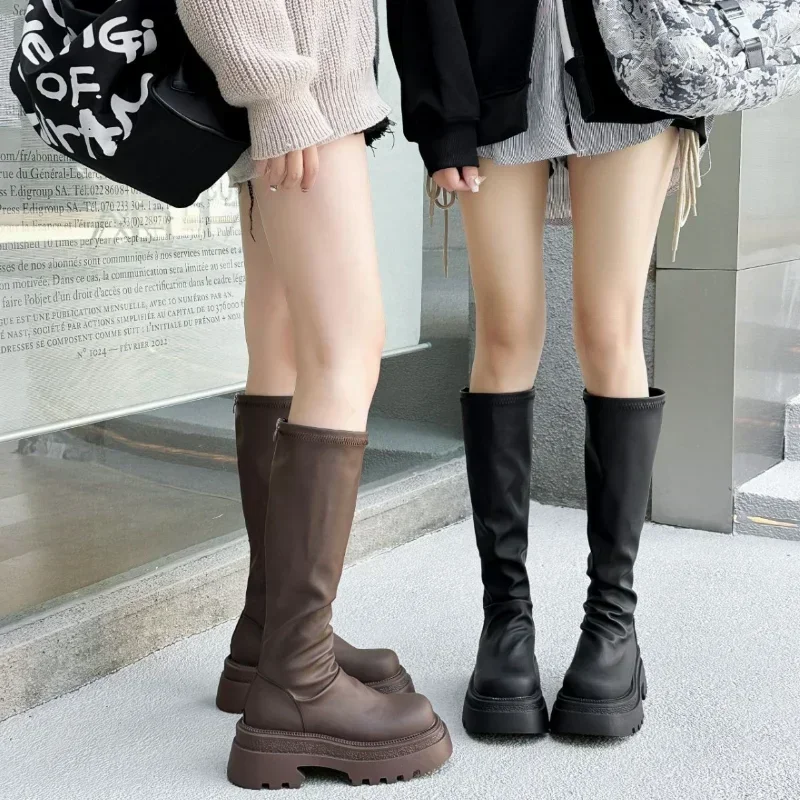 Kobiety Kolano Wysokie Chelsea Długie buty Kobiety Płaskie buty na platformie Trend Zimowe futro Punk Femme Botas Motocykl Botas 2024