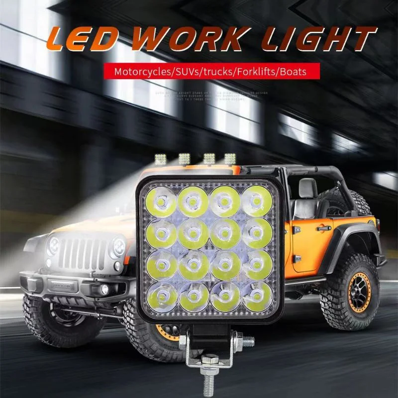 48W Mini Square LED Work Lights - 16LED Floodlights for Off-Road, Trucks & SUVs, White 6000K, Hardwired (85x85mm)
