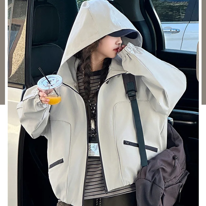 

Teenager Girls Coat Autumn Children Girls New Waterproof Hooded Jacket School Girls Loose Versatile Long Sleeves Outerwear