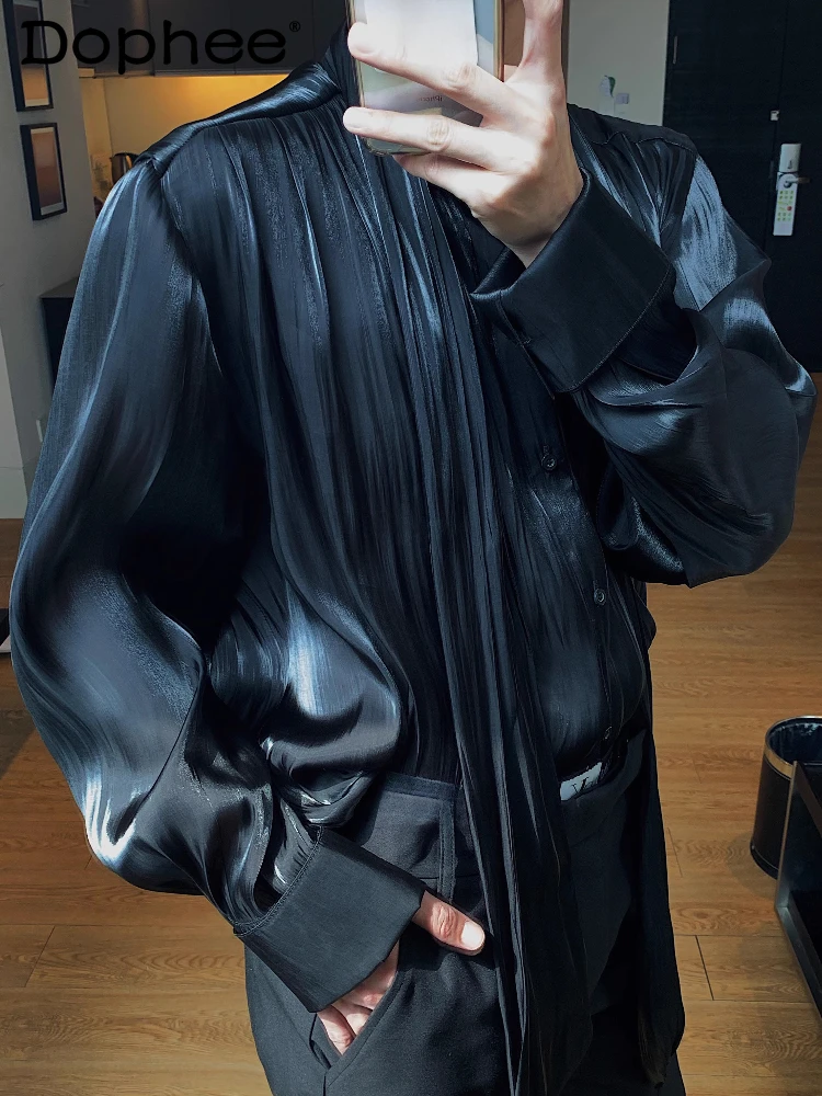

Men's 2025 Spring Summer New High-end Pleated Fabric Ribbon Silk Tops Long-sleeve Thin Cool Shirts Male Loose Comfort Chic Shirt
