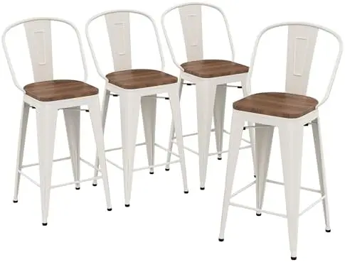 

26 inch Metal Bar Stools Set of 4 Farmhouse Kitchen Island Counter Height Bar Chairs High Back Barstools with Large Wooden Seat