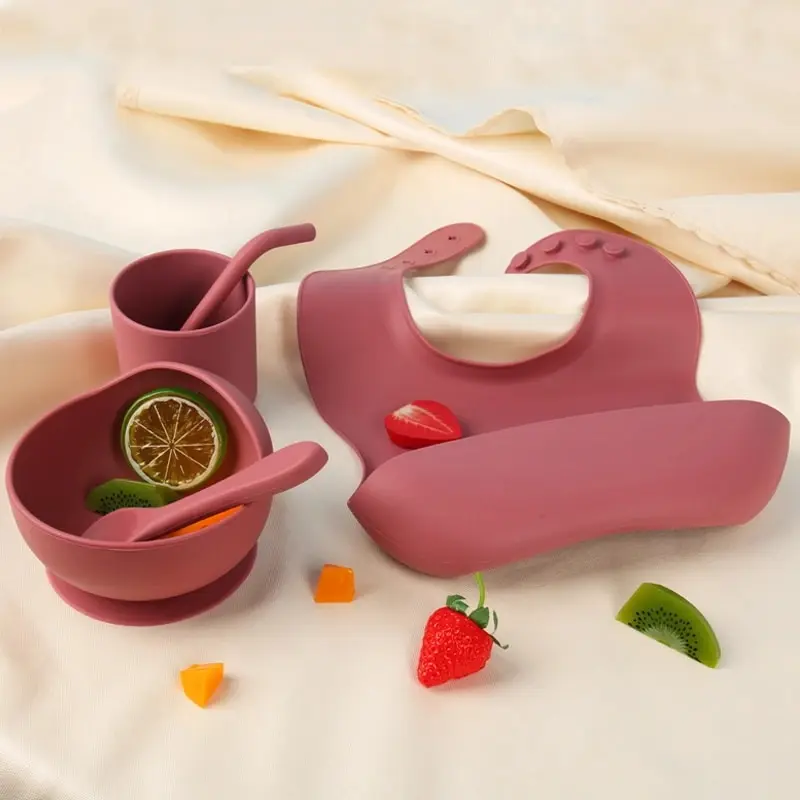 Baby Silicone Bowl, Wooden Handle, Spoon Tableware Set, Feeding