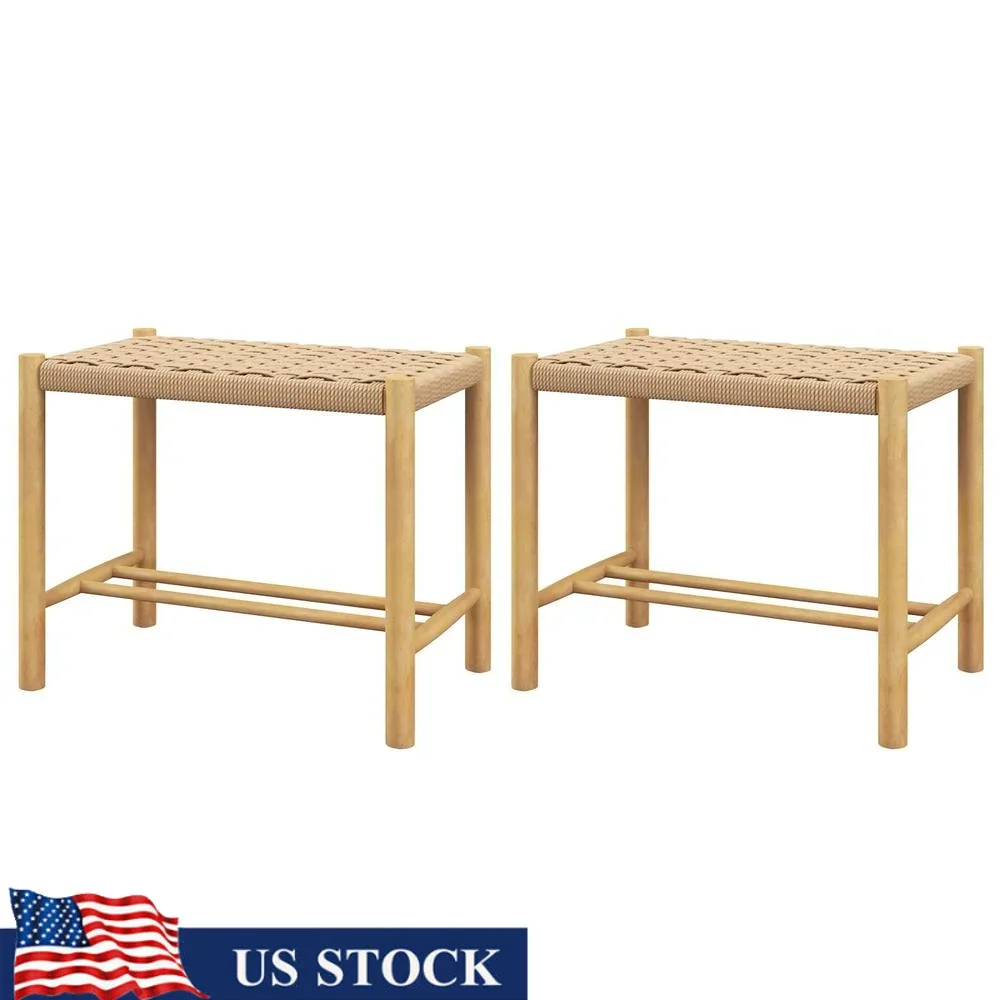 Juego de 2 sillas bohemias de mimbre sin respaldo con patas de madera, diseño estable, asiento de cuerda de papel, aplicación multiescena, fácil montaje y