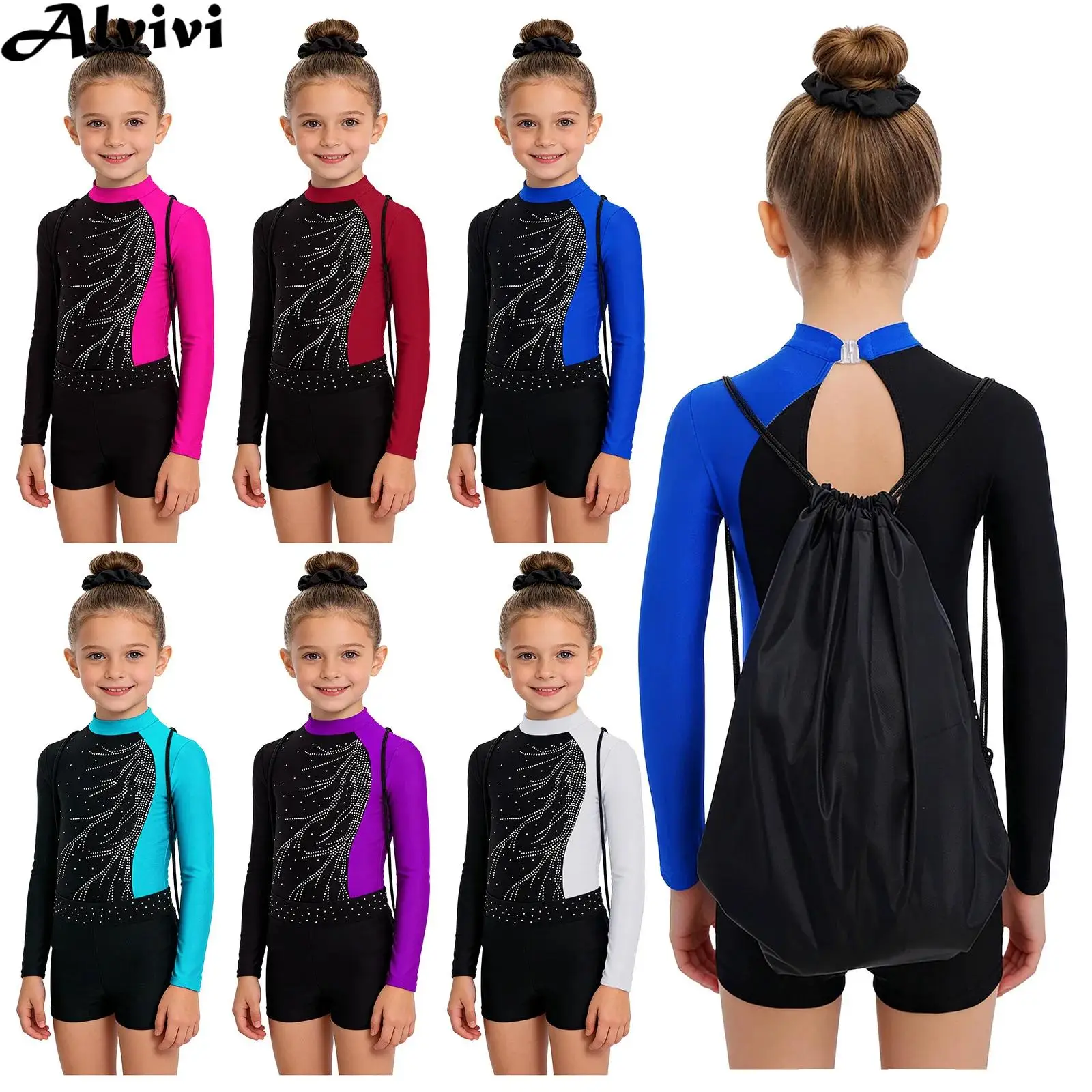 

Children Girls Long Sleeve Rhinestones Ballet Dance Leotard Gymnastics Figure Skating Bodysuit with Shorts Hair Band Storage Bag