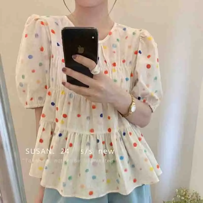 New Fashion Dot Printing Women Blouse Casual Loose Short Sleeve Women\'s Shirts Elegant Woman Tops Summer Female Clothes 1975