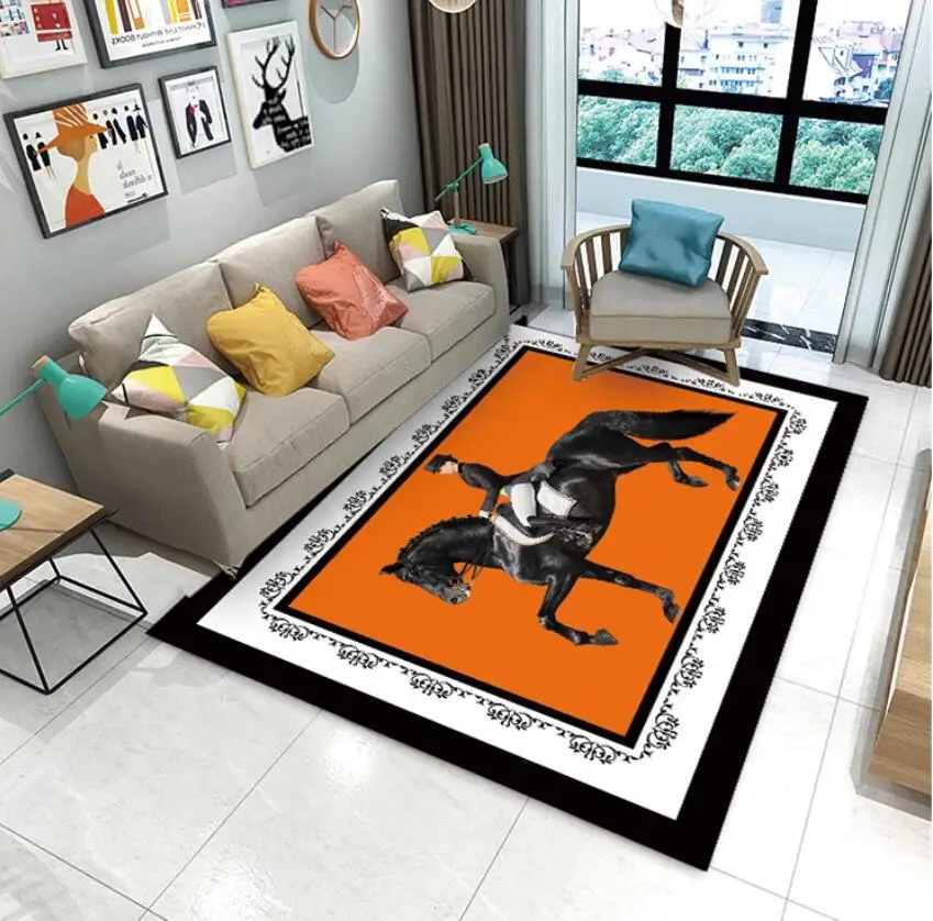 Luxury Fashion Ethnic Carpet Horse 3d Printing Rectangle Room Rug Black Orange Living Room Bedroom Bedside Soft Floor Table Mat