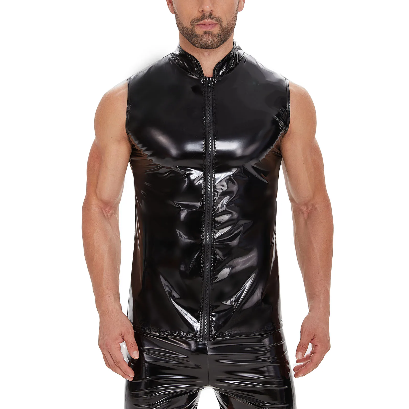 Tank Top kulit PVC mengkilap pria, rompi kerah berdiri lateks tampilan basah pembentuk tanpa lengan ukuran besar