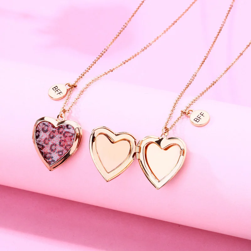 Luoluo&baby 2Pcs/Set Leopard Print Heart Best Friends Pendant Necklace Chain Cute BFF Friendship Jewelry Gift for Kids Girl