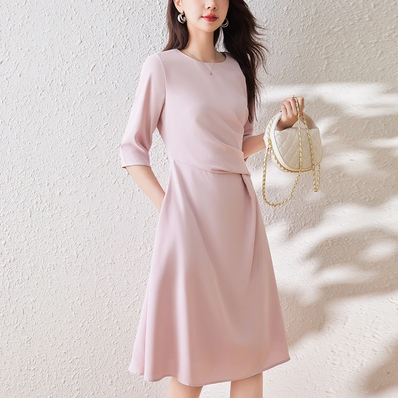 EHQAXIN 2024 Summer New Women's Dress Fashionable Pink Casual French Pinched Pleated Middle Sleeve A-Line Dresses Ladies S-2XL