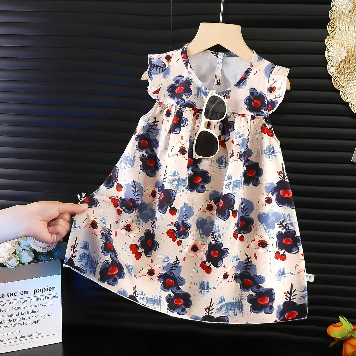 

New 2025 Girls Summer Dress Baby Cute Cartoon Floral Flower Print Flutter Sleeve Princess A-line Chiffon Dresses Sundress