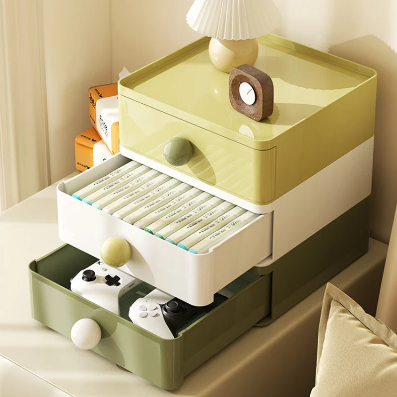 

A Macaron-Style Desktop Organizer with a Drawer, a Plastic Storage Box for Cosmetics, Stationery, And Dorm Desk Organization.