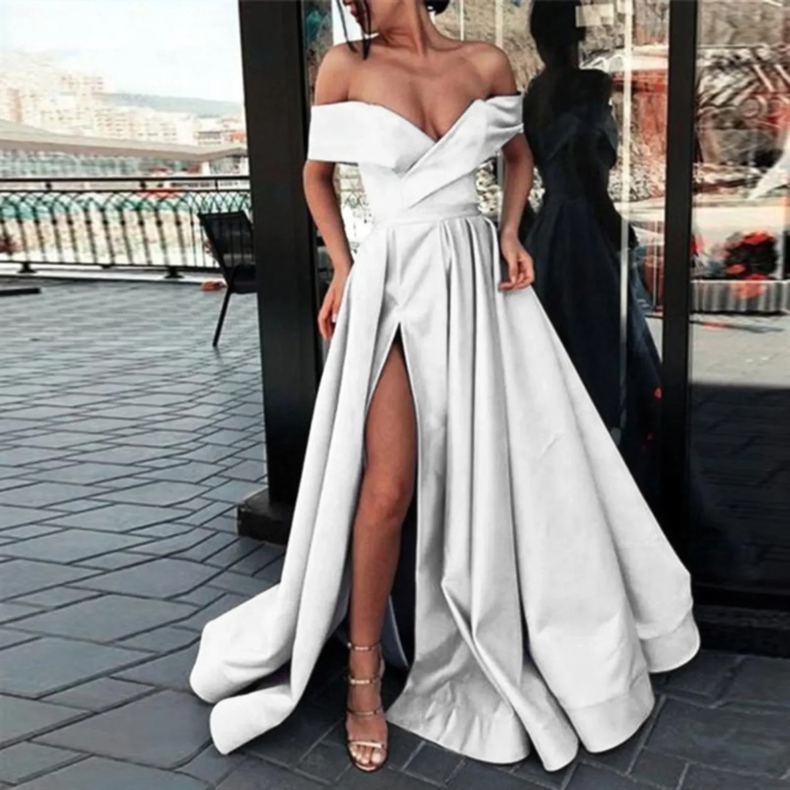 Party Maxi Dress Prom Women Sexy V Neck Solid Elegant Sleeveless High Slit Dress Lady Fashion Off Shoulder Pleated Dress Vestido