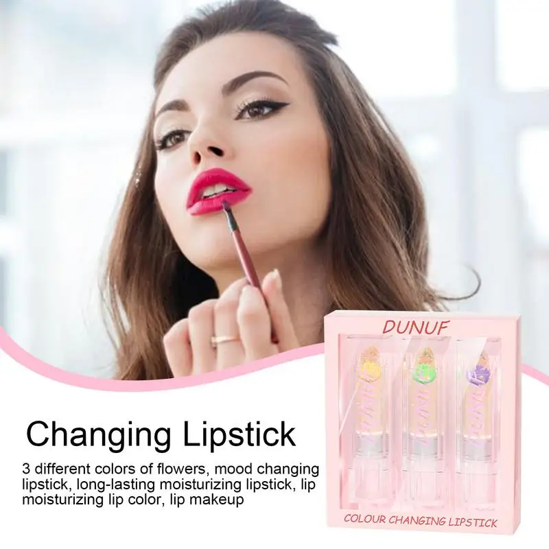 Flower Jelly Lipstick Moisturizing Long-Lasting Clear Color Changing Lipstick 3PCS PH Lipstick Color Changing Lip Moisturizer