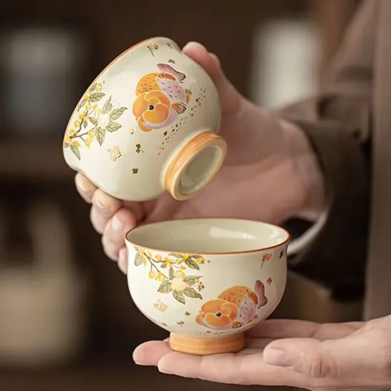 Large Ceramic Tea Cup Grass Ash Goldfish Pattern Cute Master Cup Single Teacup High Aesthetic Tasting Cup for Tea Lovers