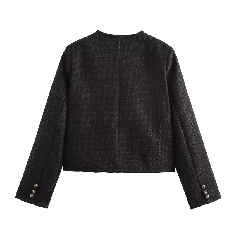 KEYANKETIAN 2025 New Women's Tweed Texture Cropped Suit Coat Office Lady O-Neck Single Breasted Double Pockets Black Blazer Top