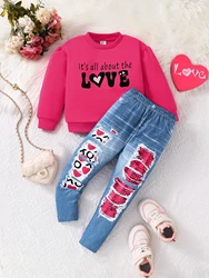 Girls Pink LOVE Print Long Sleeve round Neck Top with Stretch Slim Pants Spring Autumn Fashion 2-Piece Set