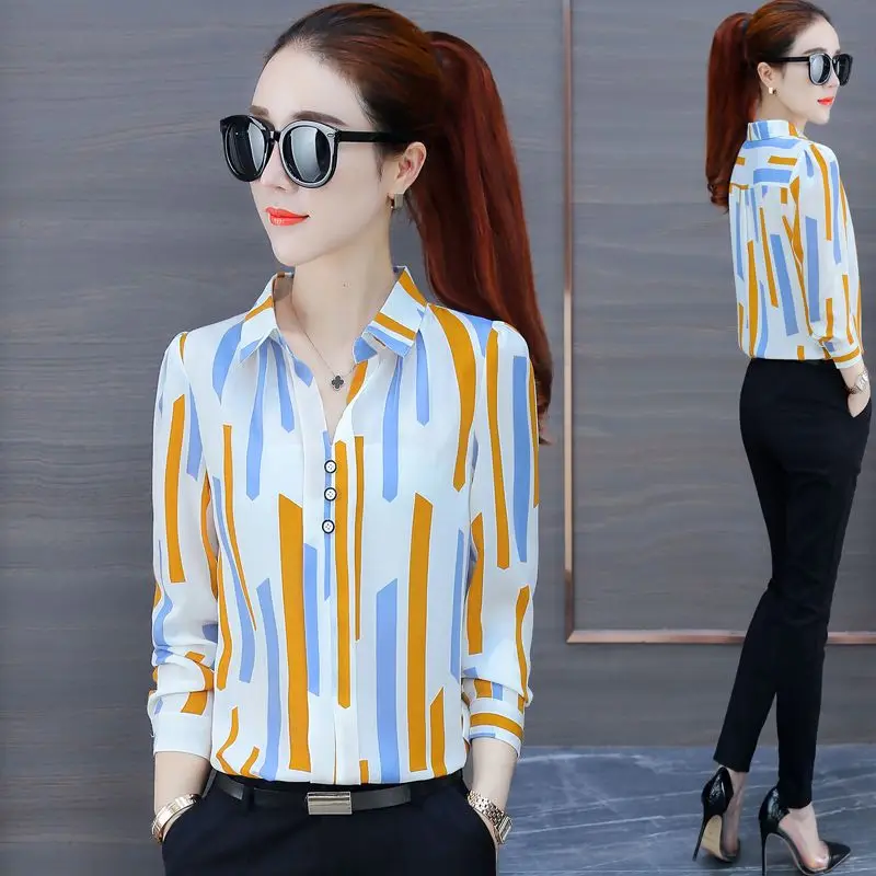 2023 New Women\'s Clothing Shirt Polo-Neck Long Sleeve Office Lady Commuter Fashion Stylish Printed Button Geometric Blouse