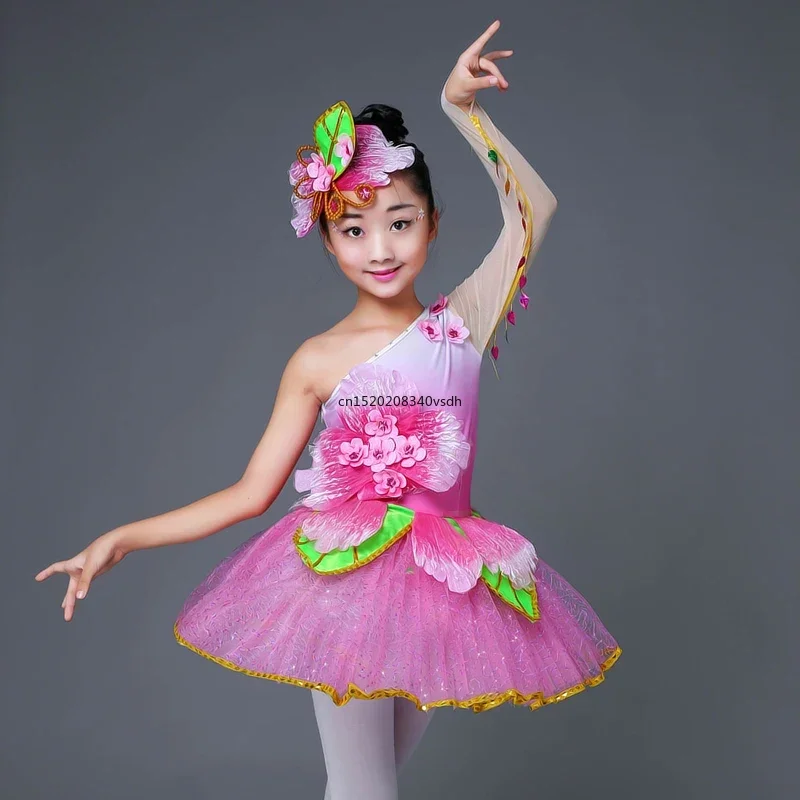 Disfraces de actuación de baile de flores rosas para niños, baile moderno con lentejuelas, vestido de baile de salón, fiesta de princesa para niñas