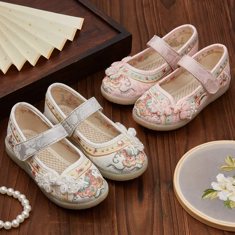 Kids Hanfu Shoes Sweet Embroidery Flower Girl Princess Shoes Fashion Chinese Ancient Style Children\'s Causal Flat Cloth Shoes