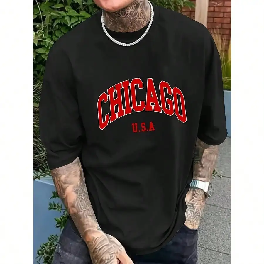 

Men'S Chicago U.S.A Casual T-Shirt, Cotton Blend Crew Neck Short Sleeve Tee, Summer Knit Fabric Top, Regular Fit Pullovers