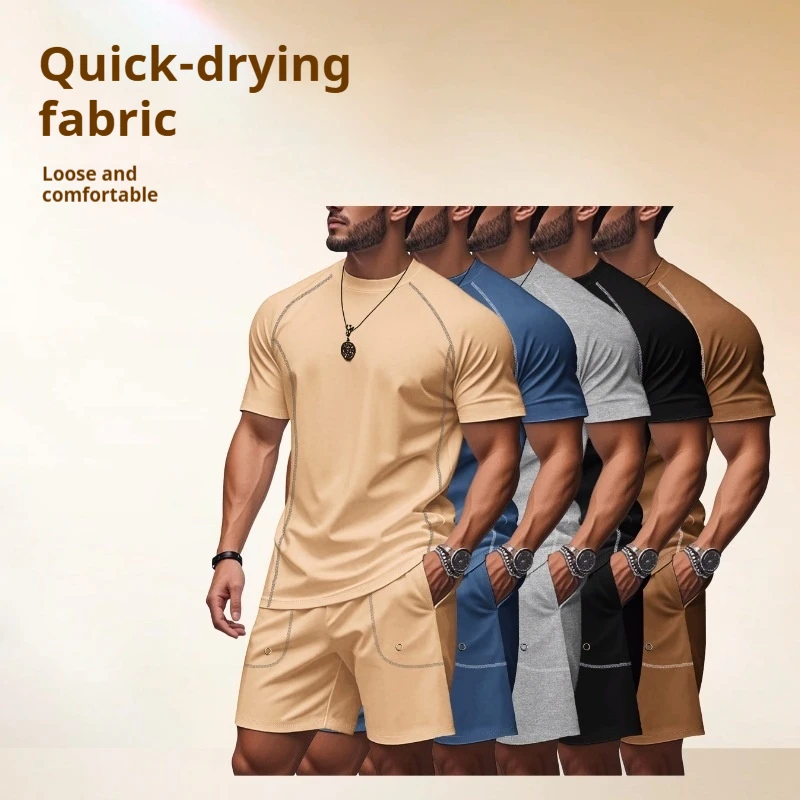 

Mens Summer Casual Suit Breathable Two Piece Set Simple Sports Shoulder Design European American Lightweight Gym Beach Outfit