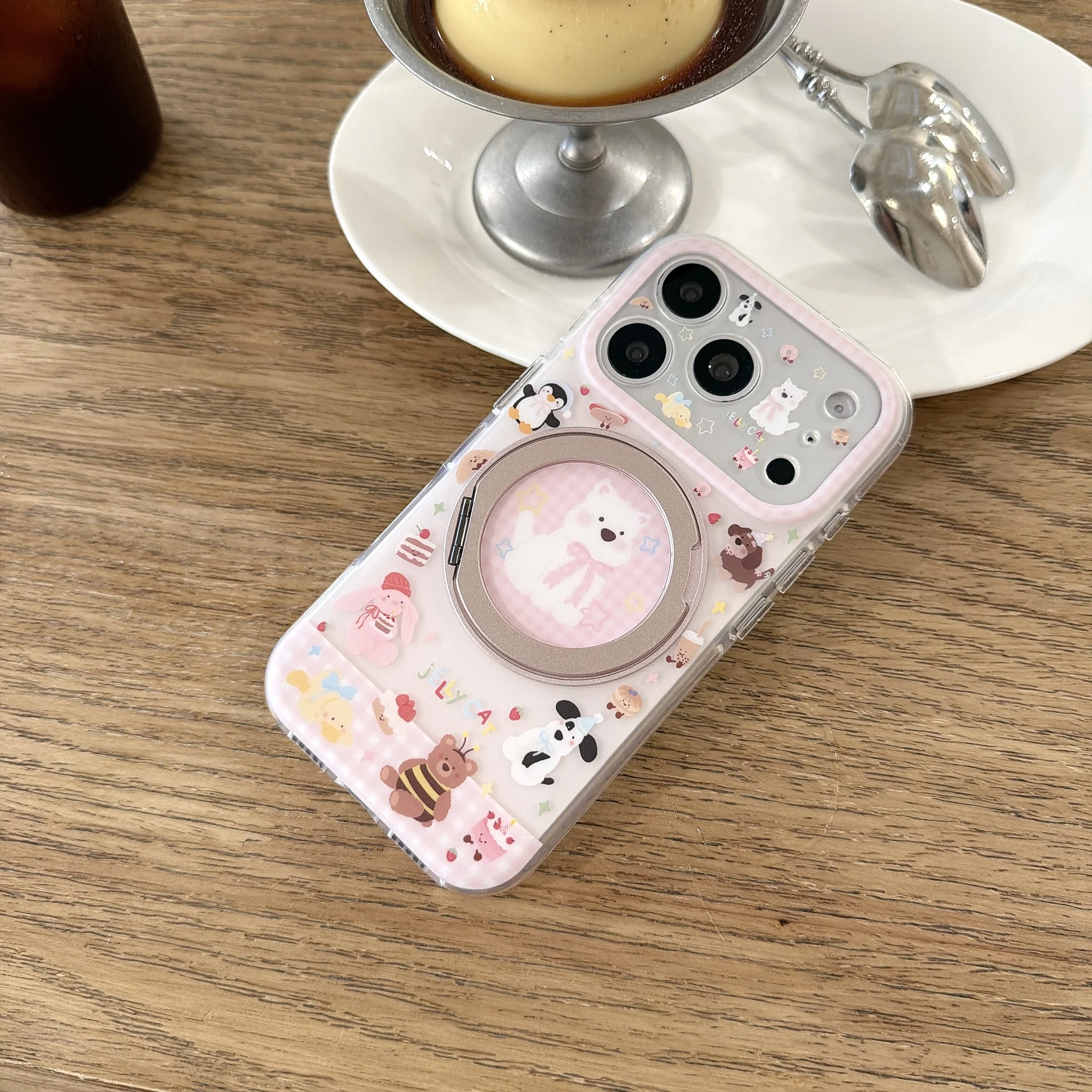Cute Cartoon Animal Clear Case For iPhone 17 16 15 Pro Max Rotatable White Dog Ring Holder Kawaii Pink Plaid Shockproof  Cover