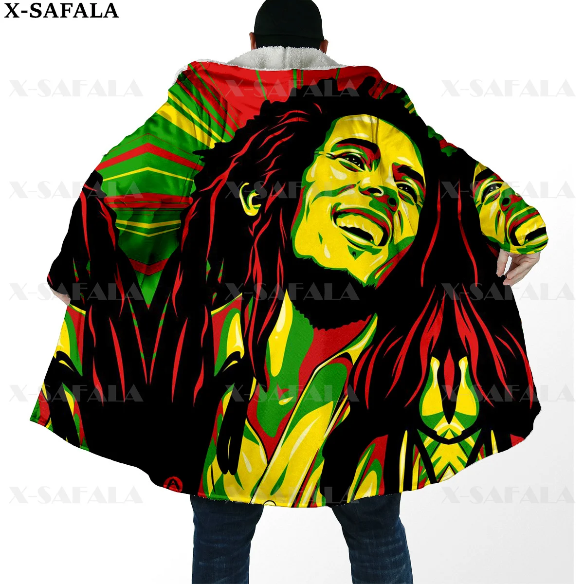 Reggae Singer Bob Marley HipHop Weeds Thick Warm Hooded Cloak Men Overcoat Coat Windproof Fleece Cape Robe Hooded Blanket-3