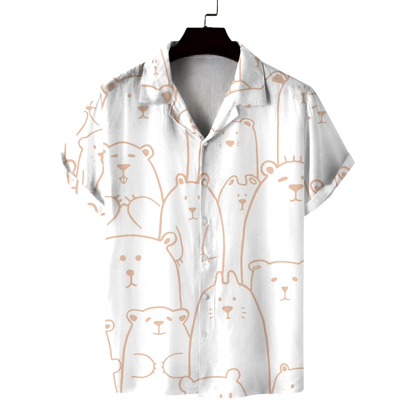 

Men's summer Cuban collar short-sleeved shirt with bear pattern print men's shirt comfortable, breathable and versatile