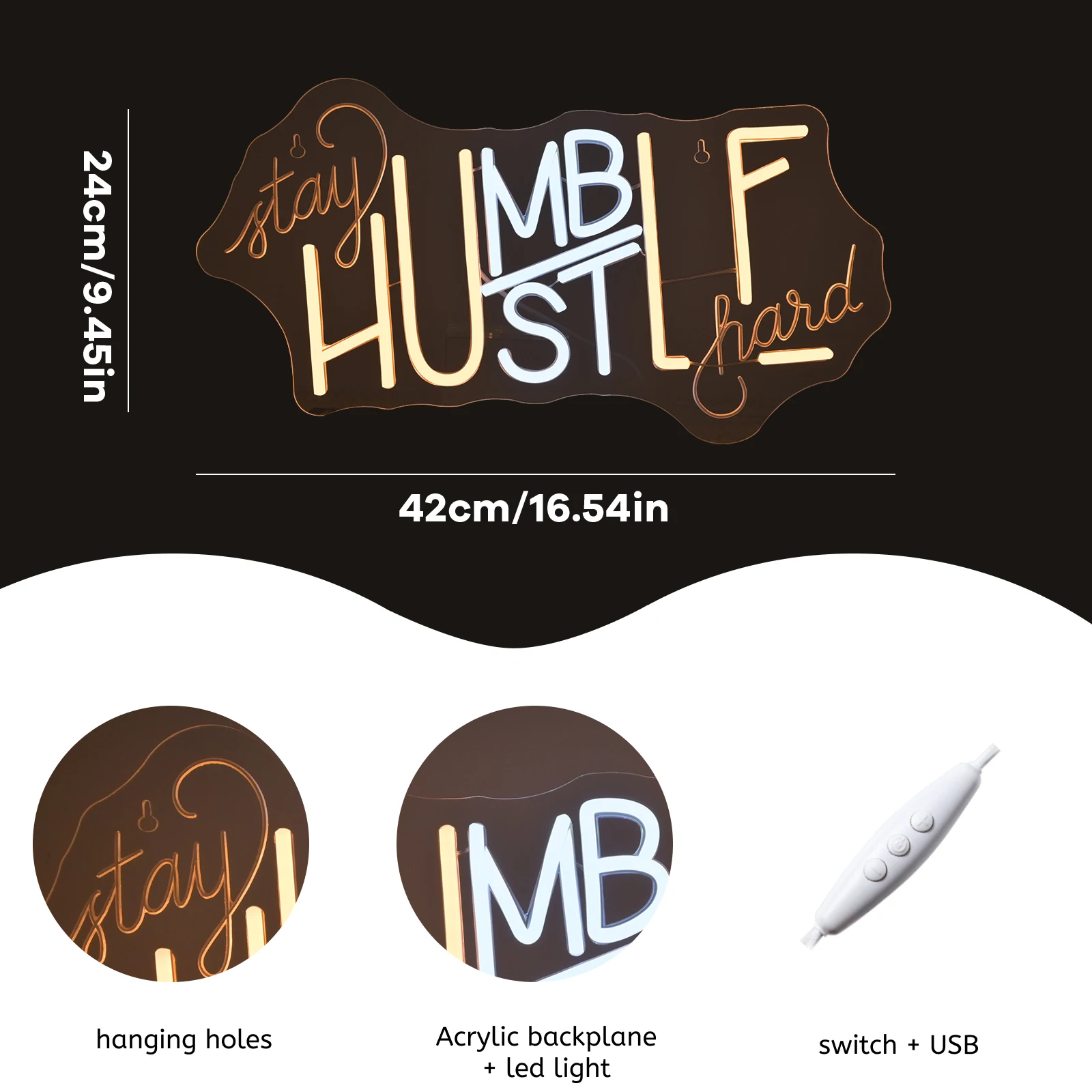 Stay Humble Hustle Hard Neon Sign Display LED Dimmable for Wall Decor Stay Humble Hustle Hard Neon Light Signs for Gym Room