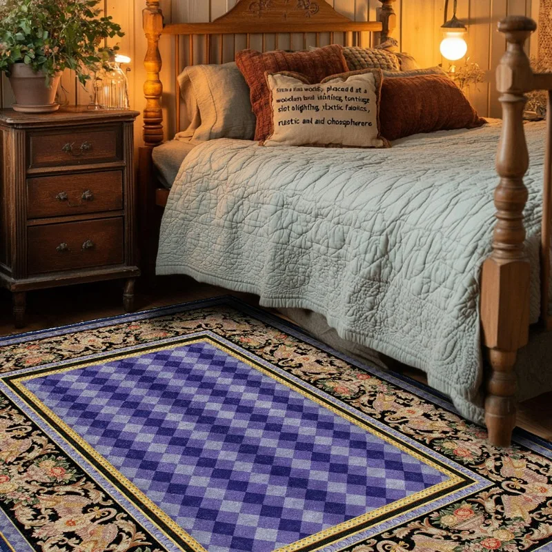 

New Light Luxury Palace Style Purple Checkered European French Floral Frame Bedroom Anti Slip Carpet Floor Mat