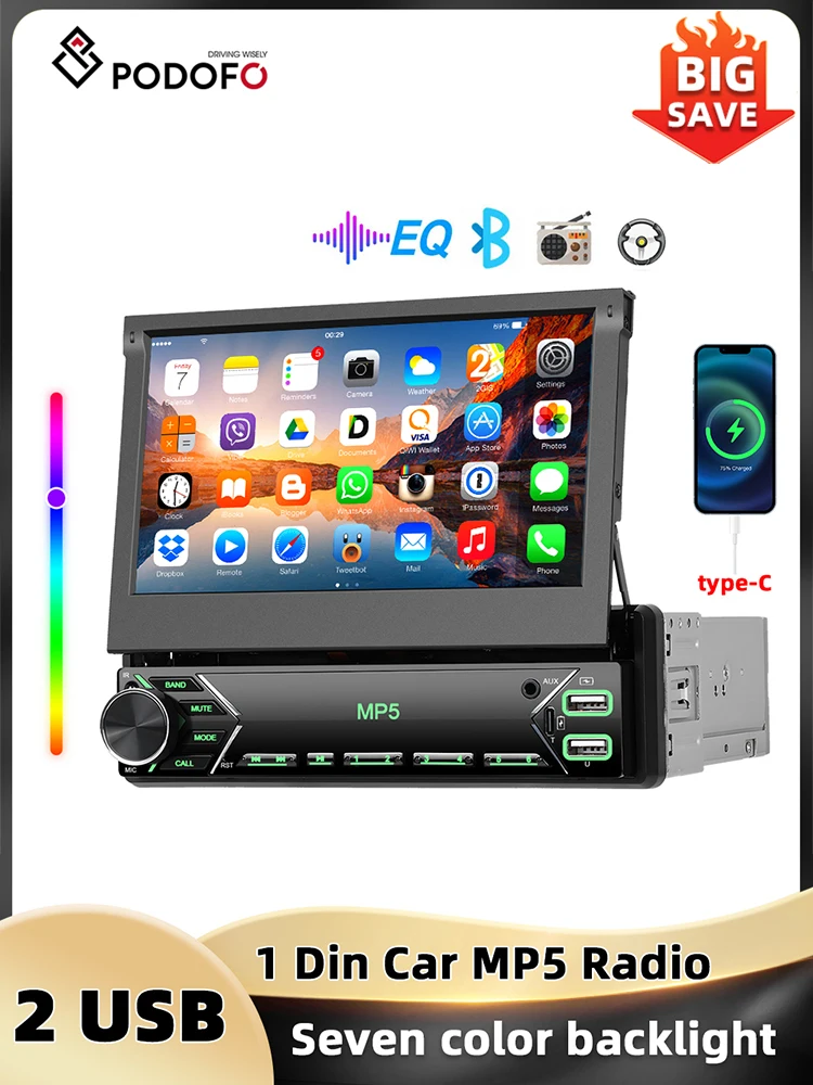 Podofo 7 ''Handmatige Intrekbare Scherm Autoradio 1din Mp5 Speler Bluetooth Fm Mirrorlink Aux Audio Usb & Type-C Poort Autoradio - afbeelding 2