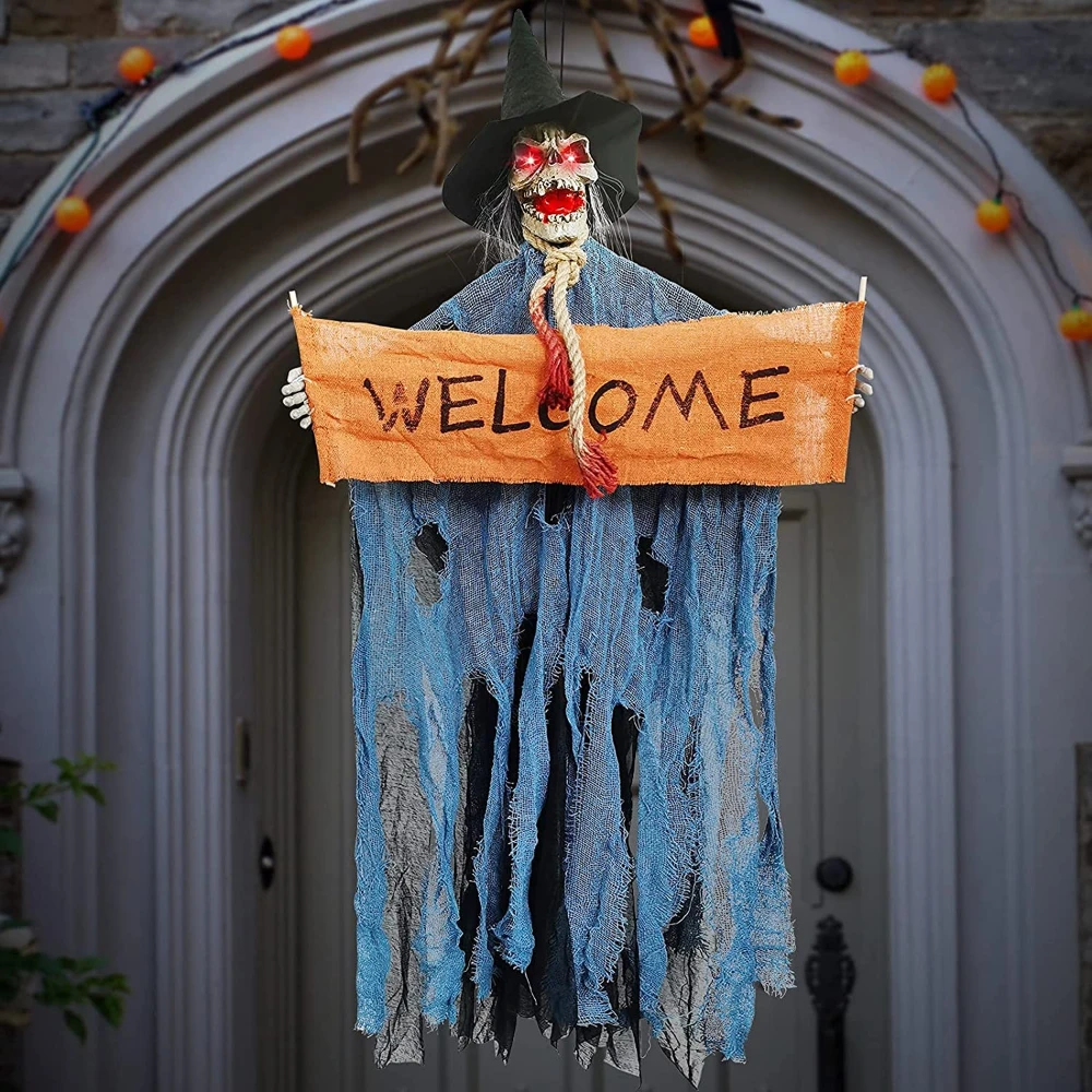 

Scary Hanging Ghost Halloween Prop Skeleton Grim Reaper with Horror Scream Glowing Eyes Haunted House Bar Party Decoration