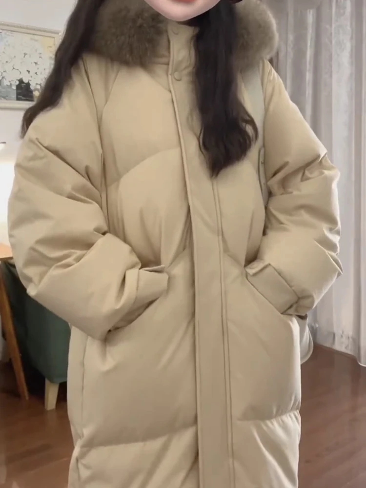 여성용 중간 길이 다운 재킷 2025년 겨울 신상 슬레 무릎 길이 퍼 칼라 두꺼운 외투 출퇴근용 슬레 한국 버전