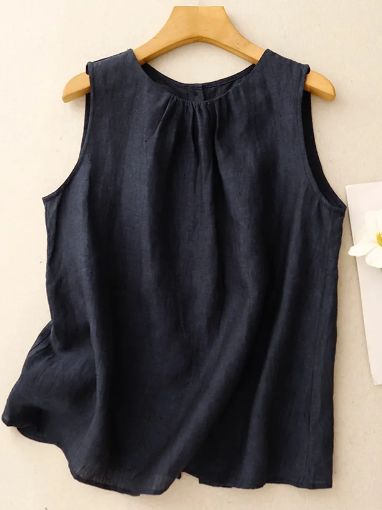 Summer Casual Cotton Linen Strap Vest Women's Lazy Style Base Layer Sleeveless T-shirt Top Folded Button Commute Loose Fit Re...