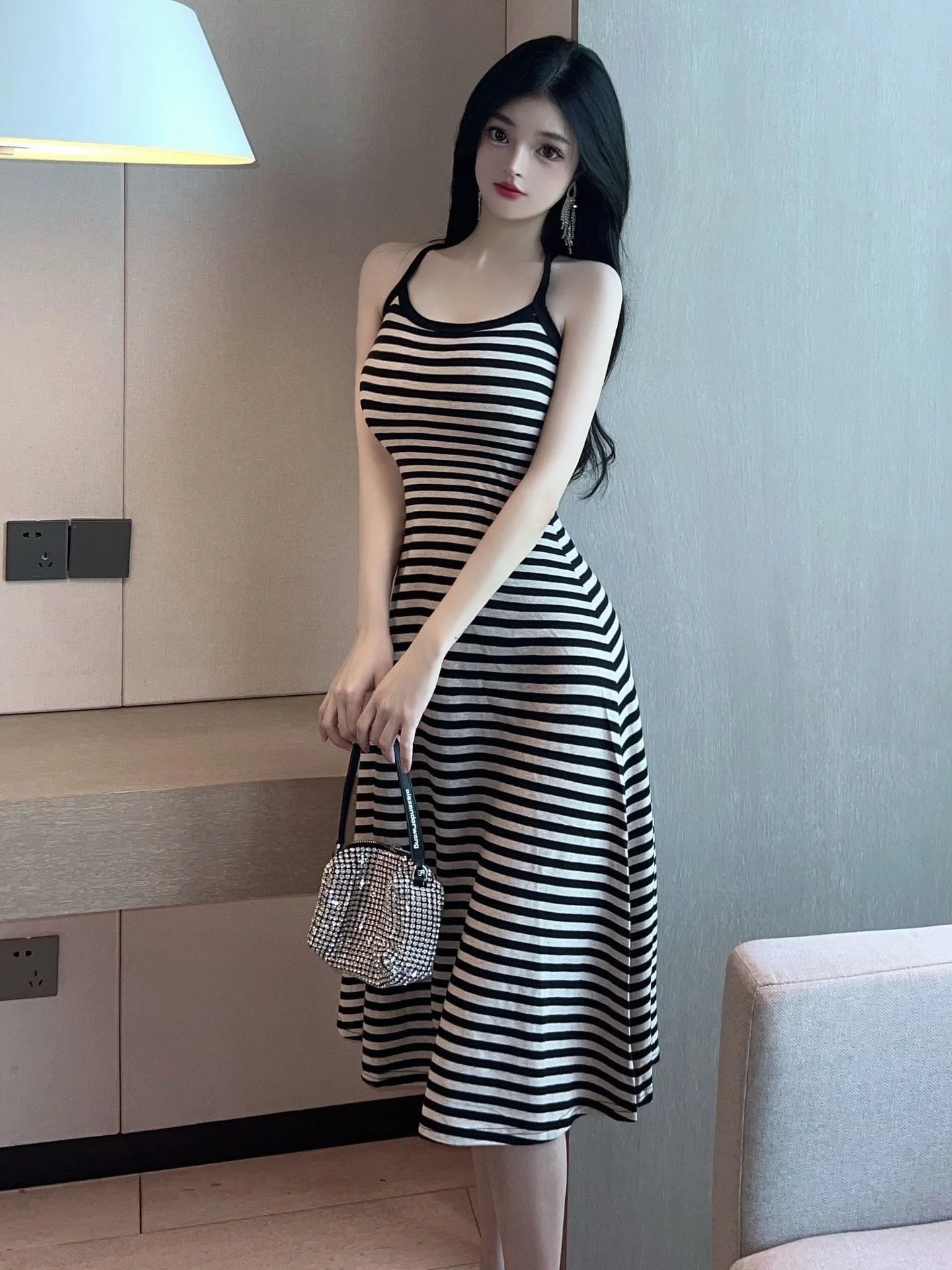 Sexy Hanging 18YX14192023 Neck Strap Stripe Backless Mid length Dress for Women CO3I