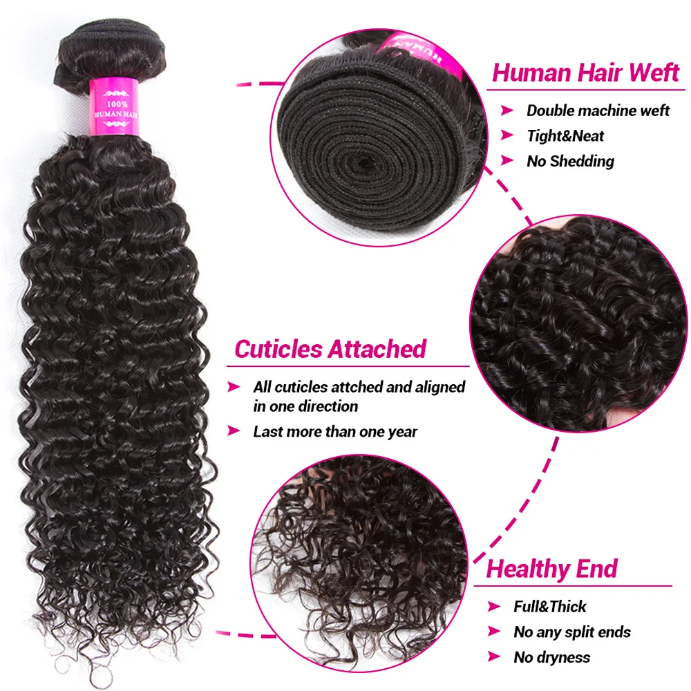 Queenlike-Pacotes de cabelo encaracolado com fechamento, Weave Remy brasileiro, Kinky Curly Bundles, 100% cabelo humano, 24 ", 26"