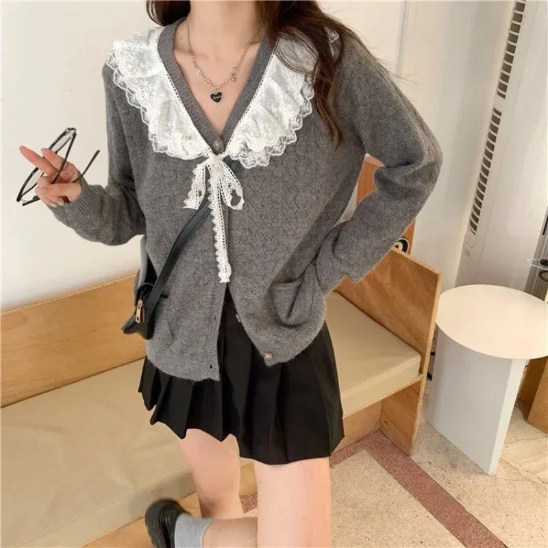 Deeptown Kawaii Cardigan Korean Style Sweet Sweater Lace Knited Tops Grey Cutecore Cardigan Sweaters Autumn Winter Aesthetics