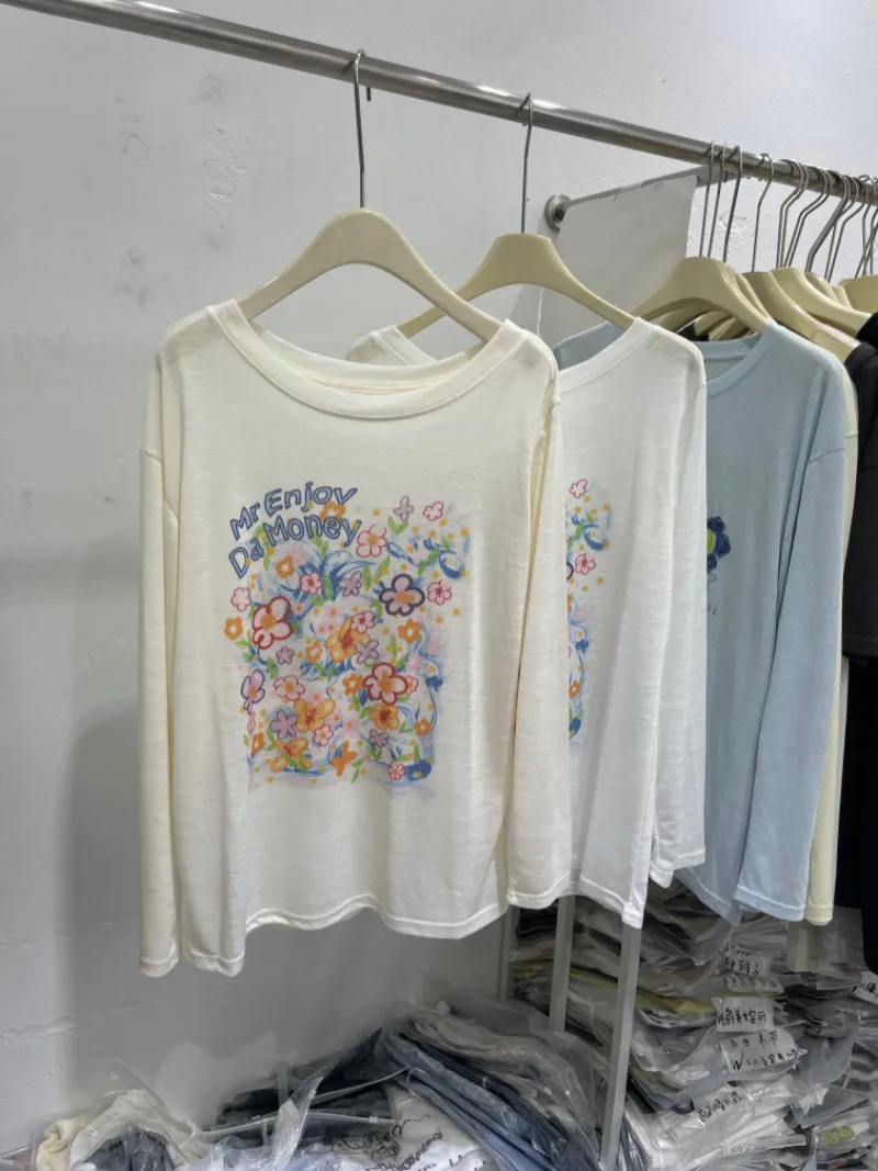 Summer Thin Long Sleeve Loose Women's T-shirt Floral Print Korean Style Commute Fashion Casual Boring Top Four Seasons Green