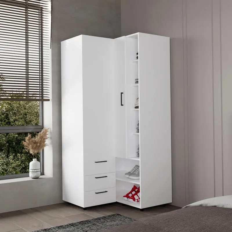 White Wardrobe Armoire with Open Storage & 2 Drawers