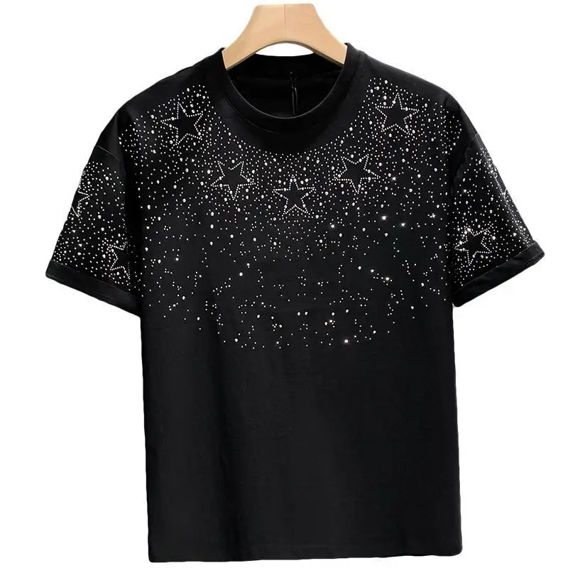 Summer Rhinestone Rivet T-shirt for Men Clothing Round Neck Casual T-shirt Fashion High Street 2024 Men\'s Summer Short Sleeves