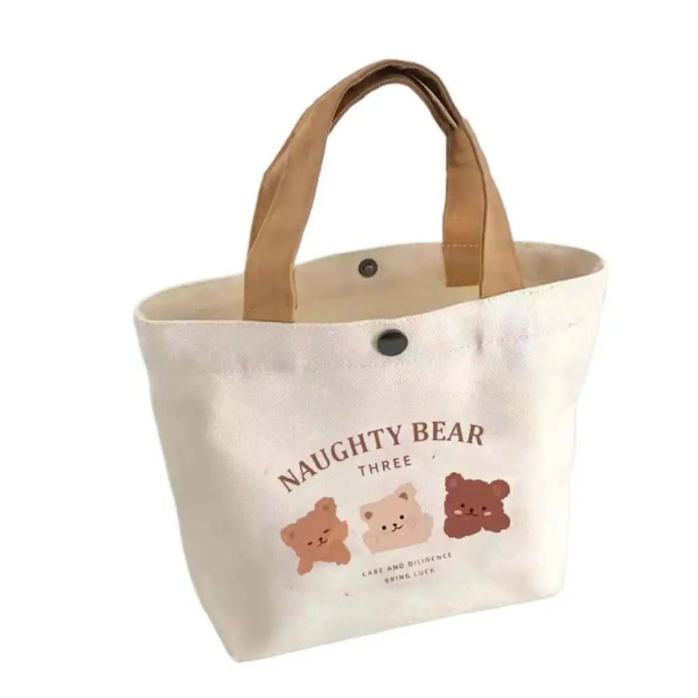 Cute Bear Canvas Women Tote Food Bag Japanese Peach Lunch Bag Korean Mini Handbags Lunch Box Cloth Picnic Travel Storage Bags