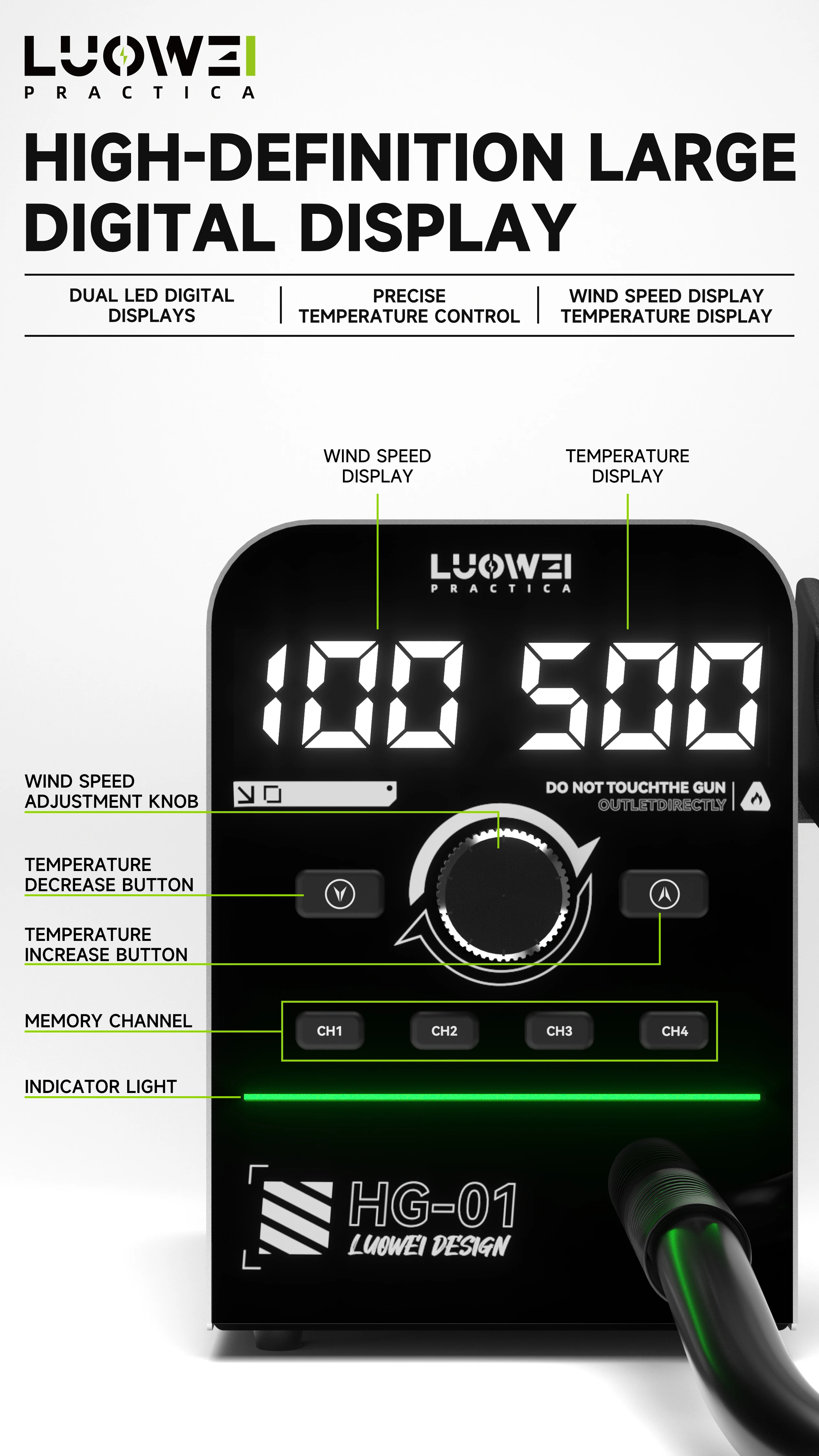 LUOWEI HG-01 intelligent digital display wind gun 4 groups of temperature memory control intelligent PID algorithm control 800W