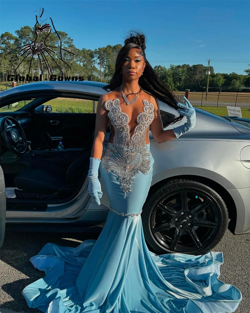 Sky Blue O Neck Long Prom Dress For Black Girls 2024 Beaded Crystal Birthday Party Dresses Diamond Evening Gown With Gloves Robe