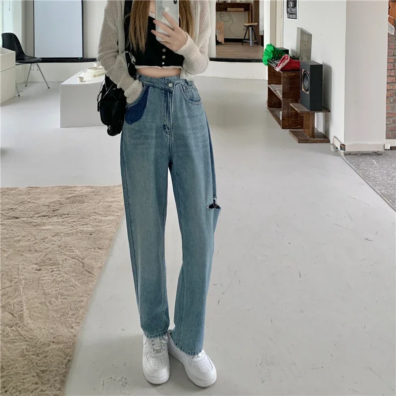 Ladies Slouchy Baggy Jeans Woman Clothing Girls Fashion Casual Ripped Blue Denim Wide Leg Pants Female Women Clothes VAP0285